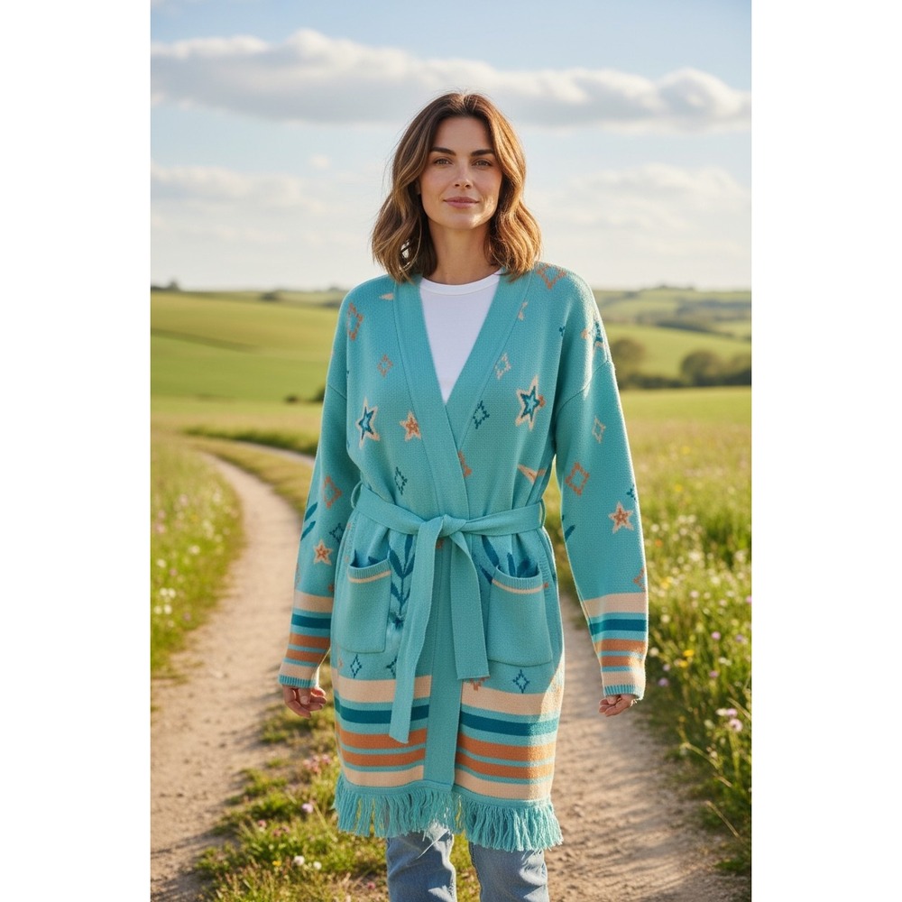 Canyon Retreat Turquoise Cardigan Size L‎ Belted Fringe Celestial Boho Sweater
